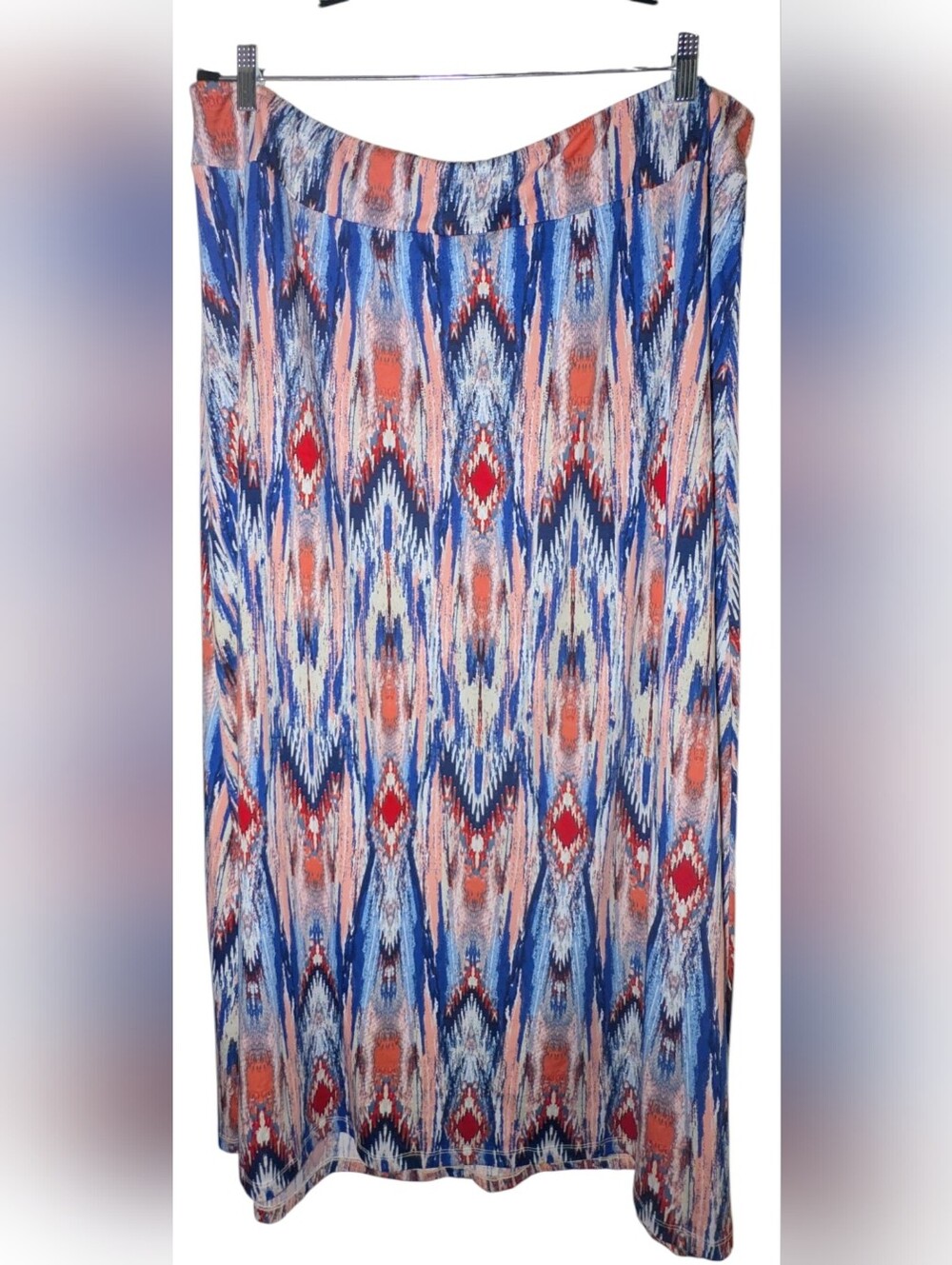 New Directions Boho Ikat Maxi Skirt Stretch Abstract Geometric Blue Coral 2X EUC